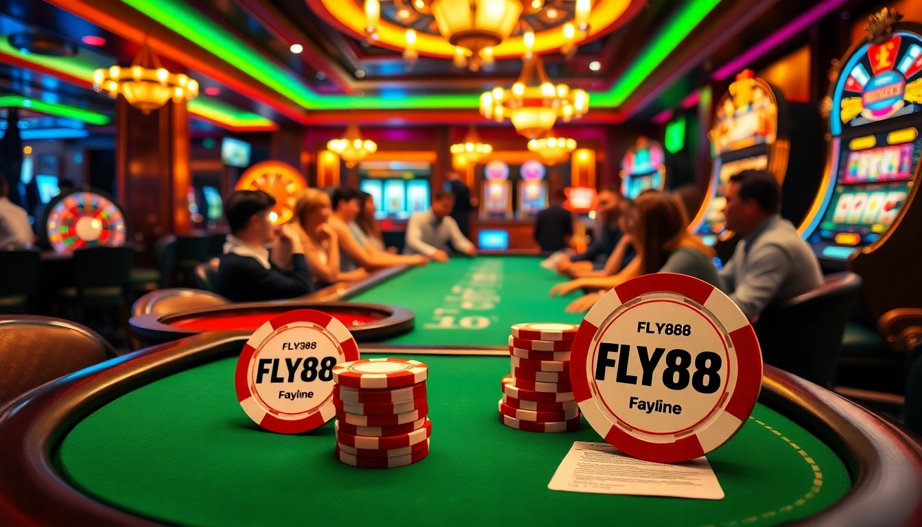 Playing poker with FLY88 chips at an upscale casino surrounded by slot machines and roulette wheels.