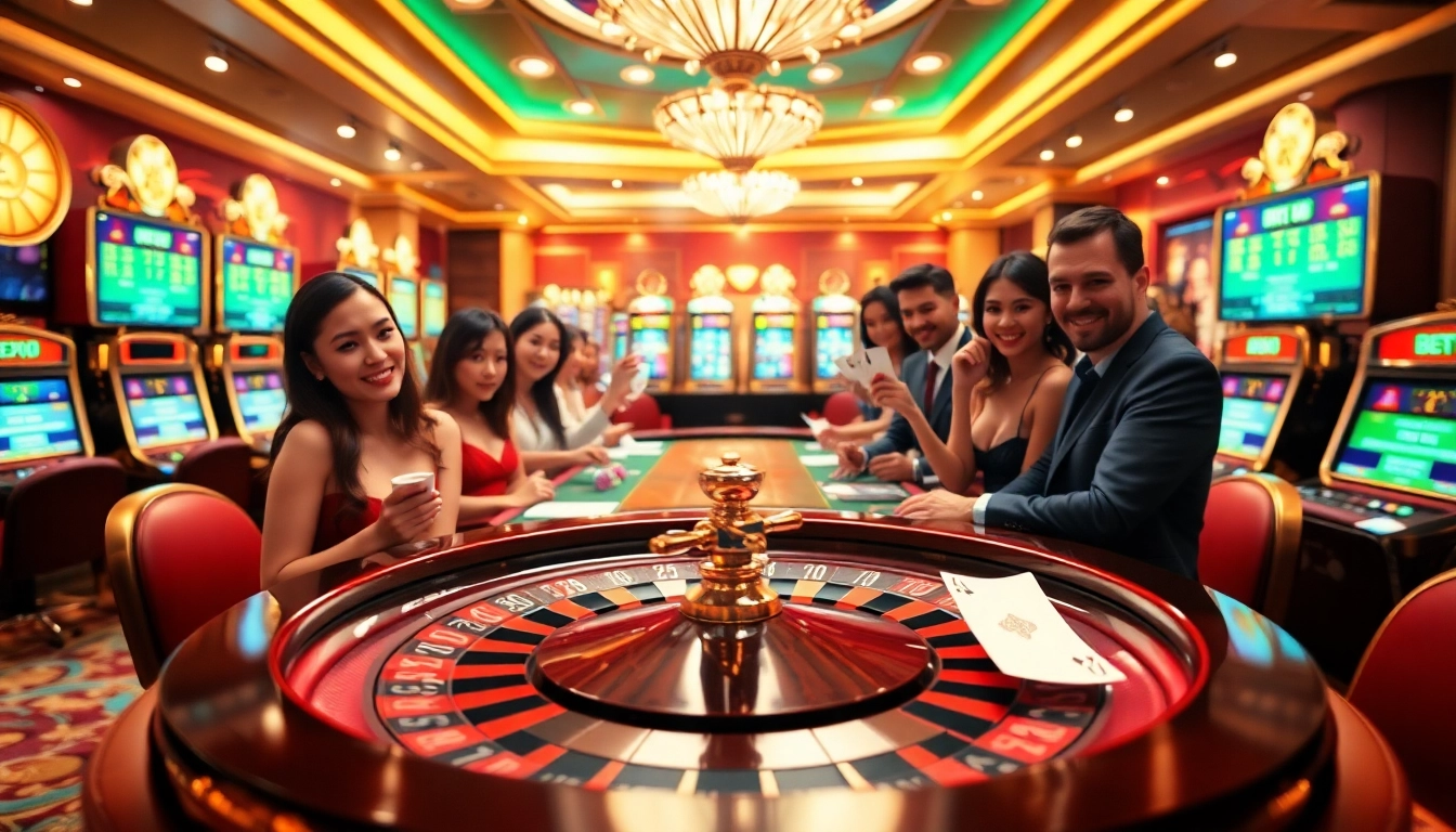 Engage with link nohu90 at a vibrant casino table, featuring roulette and enthusiastic players.