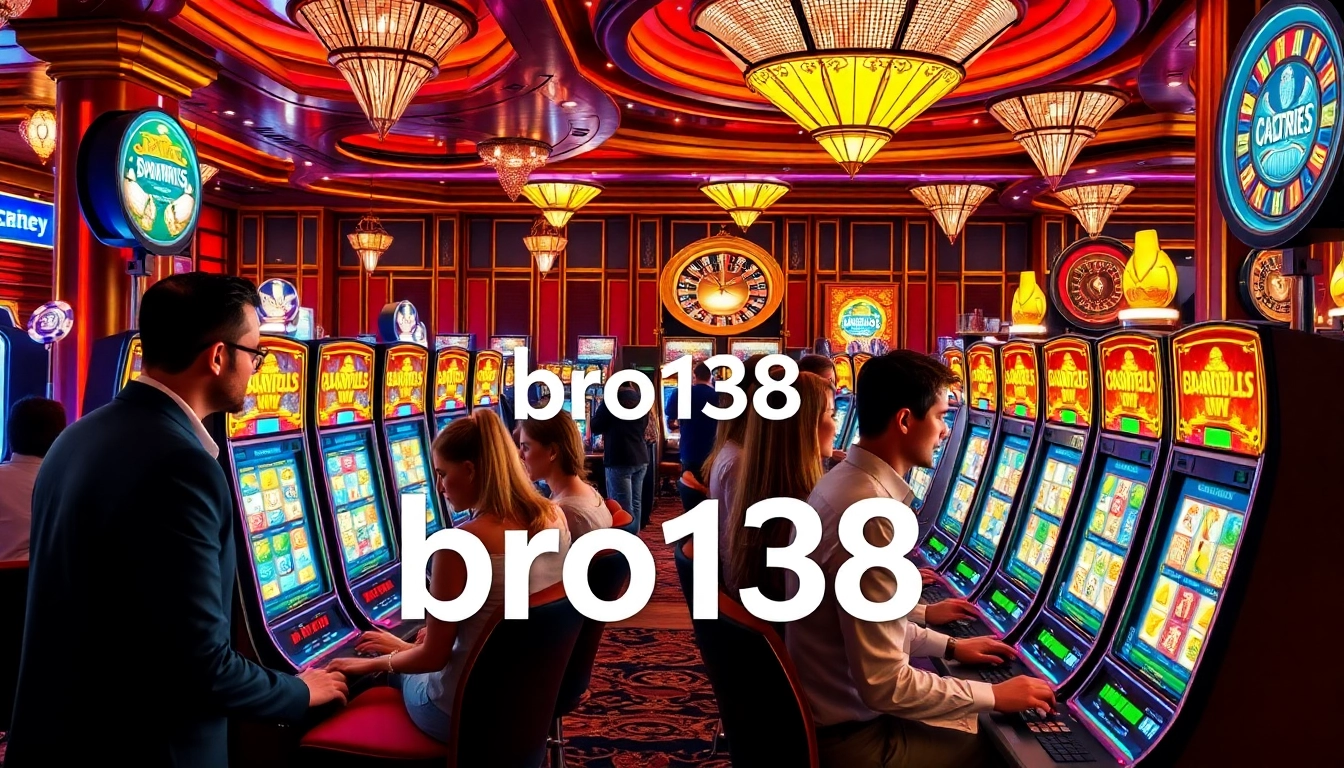 Players enjoying high-stakes gaming at Bro138 with vibrant slot machines and poker chips, capturing the thrill of betting.