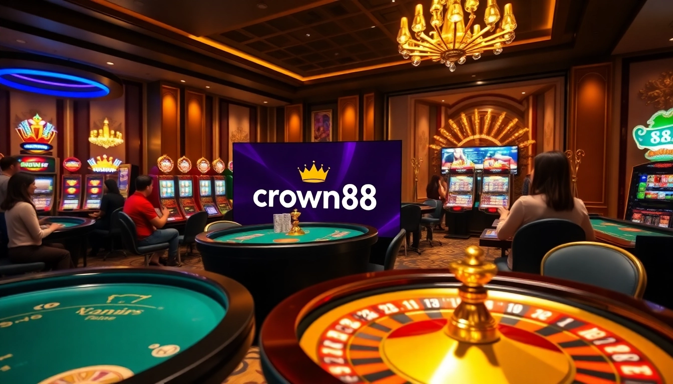 Crown88 online casino scene with vibrant slot machines and a thrilling roulette wheel.