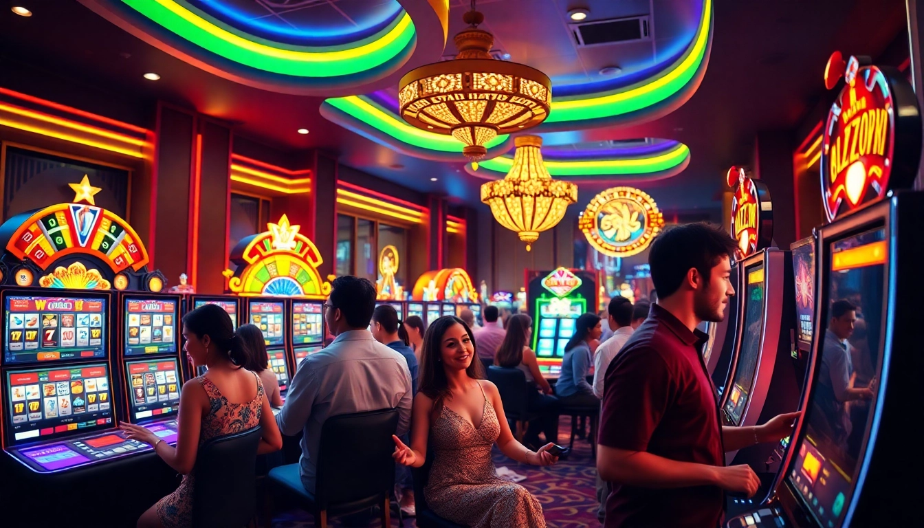 Engaging players at kerajaanslot machines with colorful lights and excitement in a vibrant casino.
