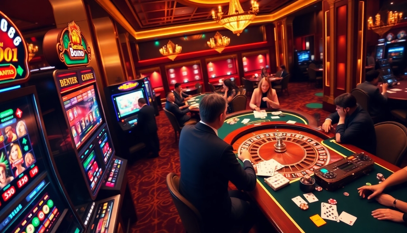 Exciting Betwin88 online casino scene with roulette wheel, slot machines, and engaged players.